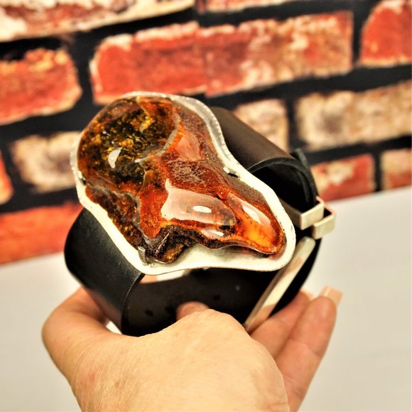 SUPER HUGE AMBER STERLING LEATHER RARE UNISEX BRACELET 9 BY AMBERMODA - Picture 7 of 16